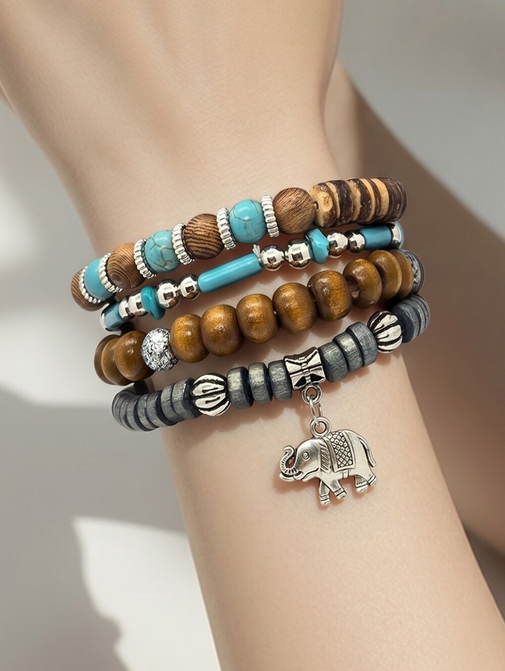 Boho Beaded Stacked Bracelets Set 4 Elephant Charm Wooden Turquoise Silver NWT